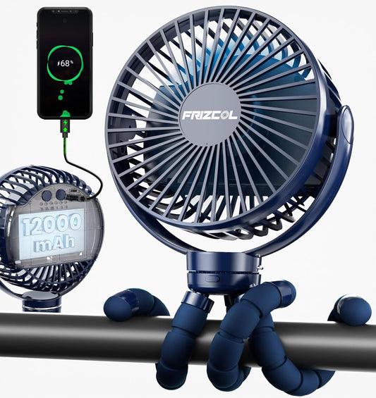 FRIZCOL 12000mAh Portable Stroller Fan, Use As Power Bank, 65H Battery Operated Fan Flexible Tripod Clip On Fans, Detachable Personal Handheld Baby Fans for Stroller, Car seat, Desk, Treadmill (Blue)