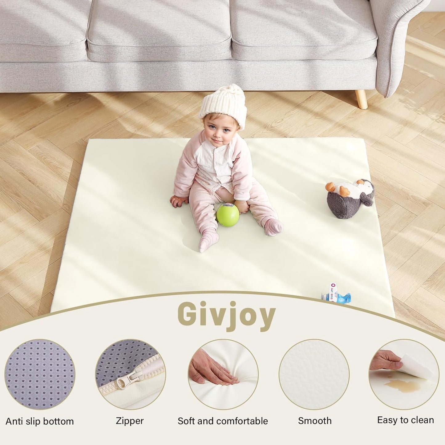 Baby Play Mat 48"x48" – Thick, Non-Slip Foam Mat for Babies and Toddlers. Foldable, Scrubbable, Odorless, and Soft, Ideal for Playpens, Crawling, and Indoor Playtime-Beige