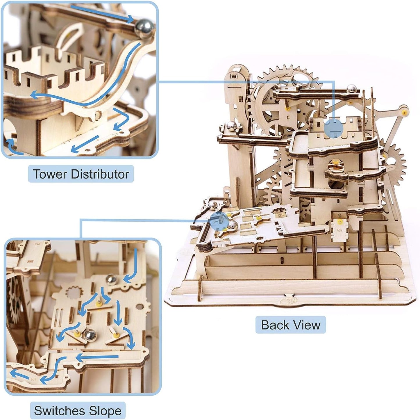 ROKR 3D Wooden Puzzles Marble Run Set - Mechanical Model Kit for Adults DIY Roller Coaster Toys Gifts for Boys/Girls (Marble Fortress)