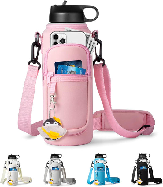 Water Bottle Holder with Strap for Hydroflask 32oz 40oz, Carrier Sling Bag with Phone Pocket Sleeve for Men Women Hiking Camping Travelling（Pink 40oz）