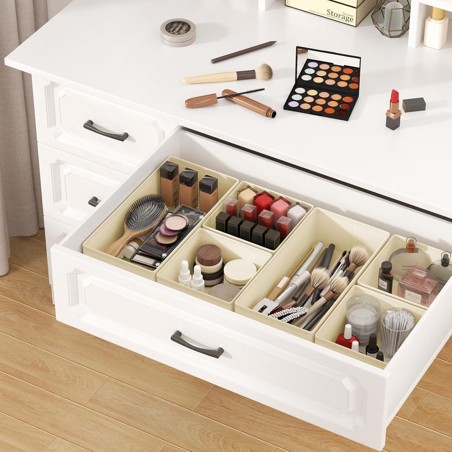 DIMJ Drawer Organizer Clothes, 8 Pack Dresser Organizer, Foldable Closet Organizers and Storage, Fabric Dresser Bins, Drawer Dividers for Nursery, Baby Clothes, Underwears, Sock (Beige)