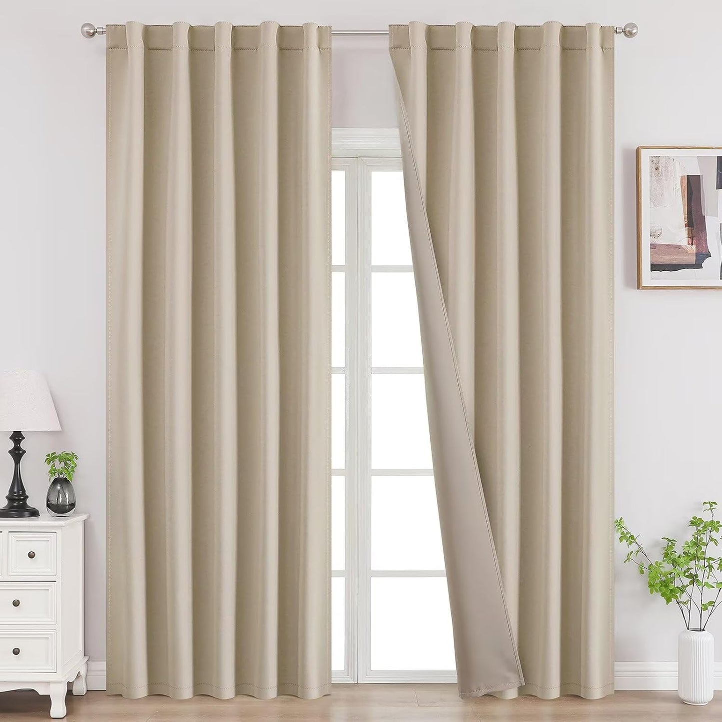 Joydeco Blackout Curtains 96 Inches Long, Thermal Insulated Black Out Curtains 2 Panels Set for Bedroom, Room Darkening Drapes for Living Room Window (W37 x L96 Inch, Light Beige)