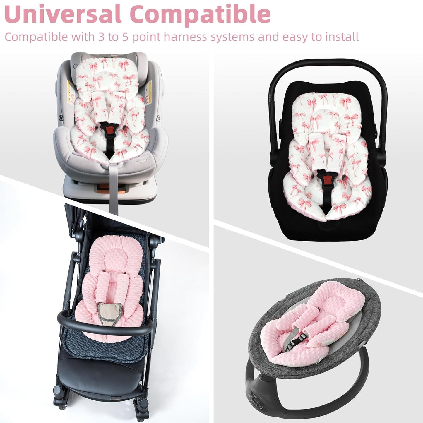 Infant Car Seat Insert Cushion, Baby Car Seat Head Body Support for Girls & Boys, Reversible Newborn Car Seat Insert with 2 Extra Strap Paddings, Premature Car Seat Cushion, Pink Bow