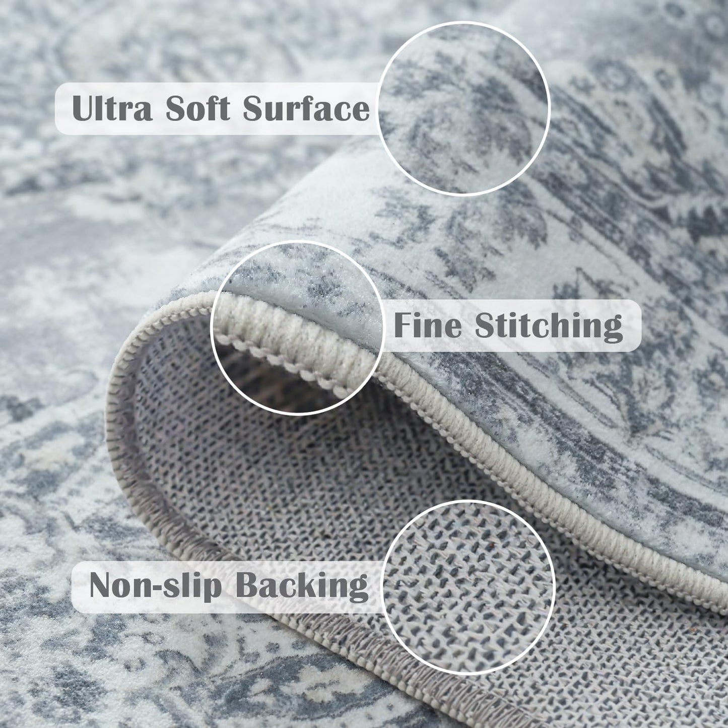 jinchan Runner Rug 2x5 Washable Hallway Runner- Vintage Floral Non Slip Low-Pile Soft Thin Kitchen Rug Distressed Carpet for Farmhouse Bedroom Entryway Laundry Room(2x5ft,Grey)