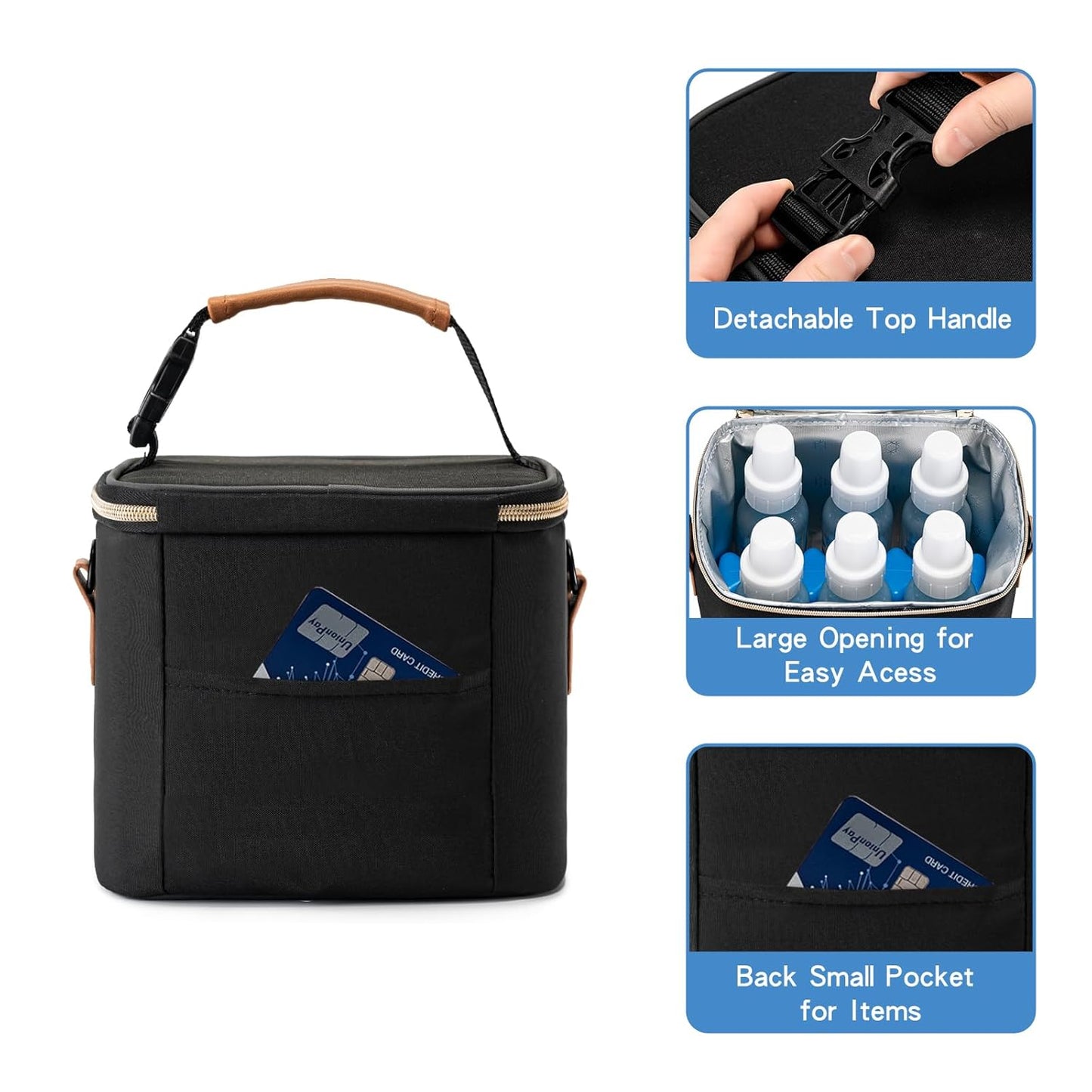 Breastmilk Cooler Bag with Ice Pack Fits 6 Baby Bottles Up to 5 Ounce, Baby Bottle Bag with Shoulder Strap for Nursing Mom Daycare-Black