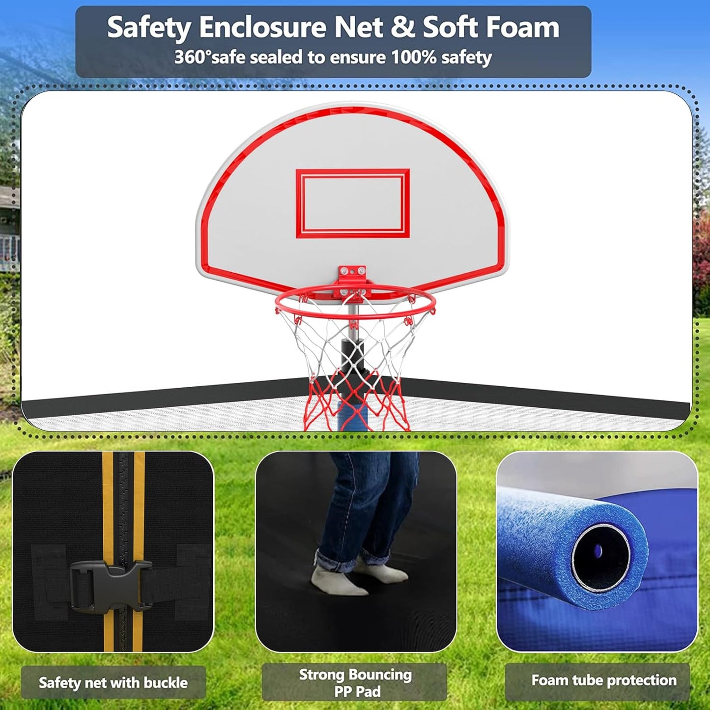 Upgraded 10/12/14/15/16FT Trampoline Outdoor, Large Kids Trampoline with Light, Stakes, Sprinkler, Backyard Trampoline with Basketball Hoop and Net, Capacity for 4-6 Kids and Adults