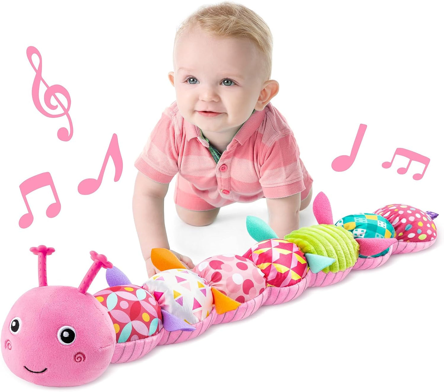 LIGHTDESIRE Baby Toys Musical Caterpillar,Infant Stuffed Animal Toy with Crinkle and Rattles,Soft Sensory Toys with Textures for Tummy Time Newborn Boys Girls 0 3 6 12 Months(Pink)