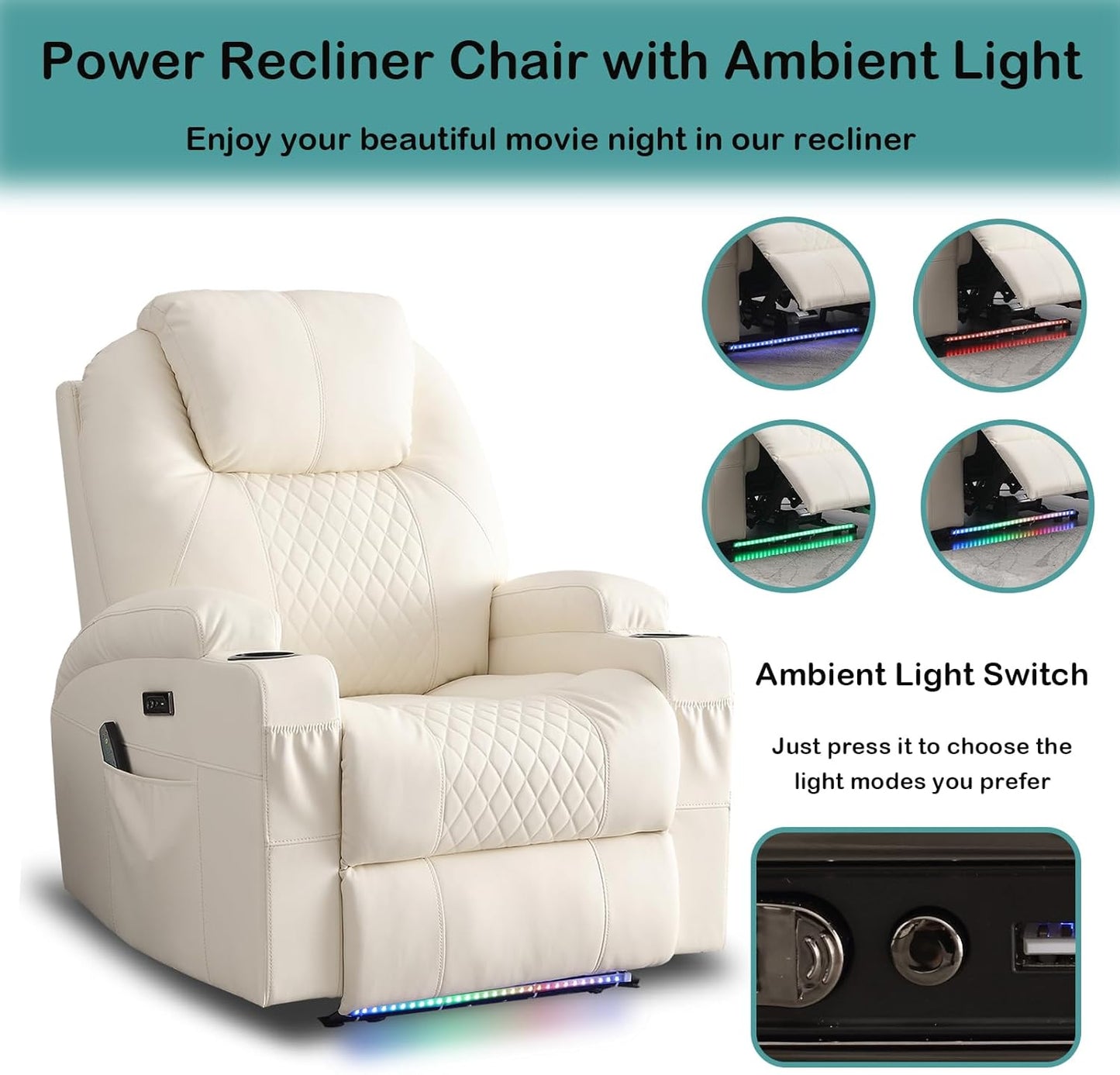 Power Recliner Chair with Heat and Massage for Adults - Home Theater Seating with LED Lights,Cup Holders,Side Pocket,USB Port - Recliner Sofa for Living Room (Beige, Single Recliner)