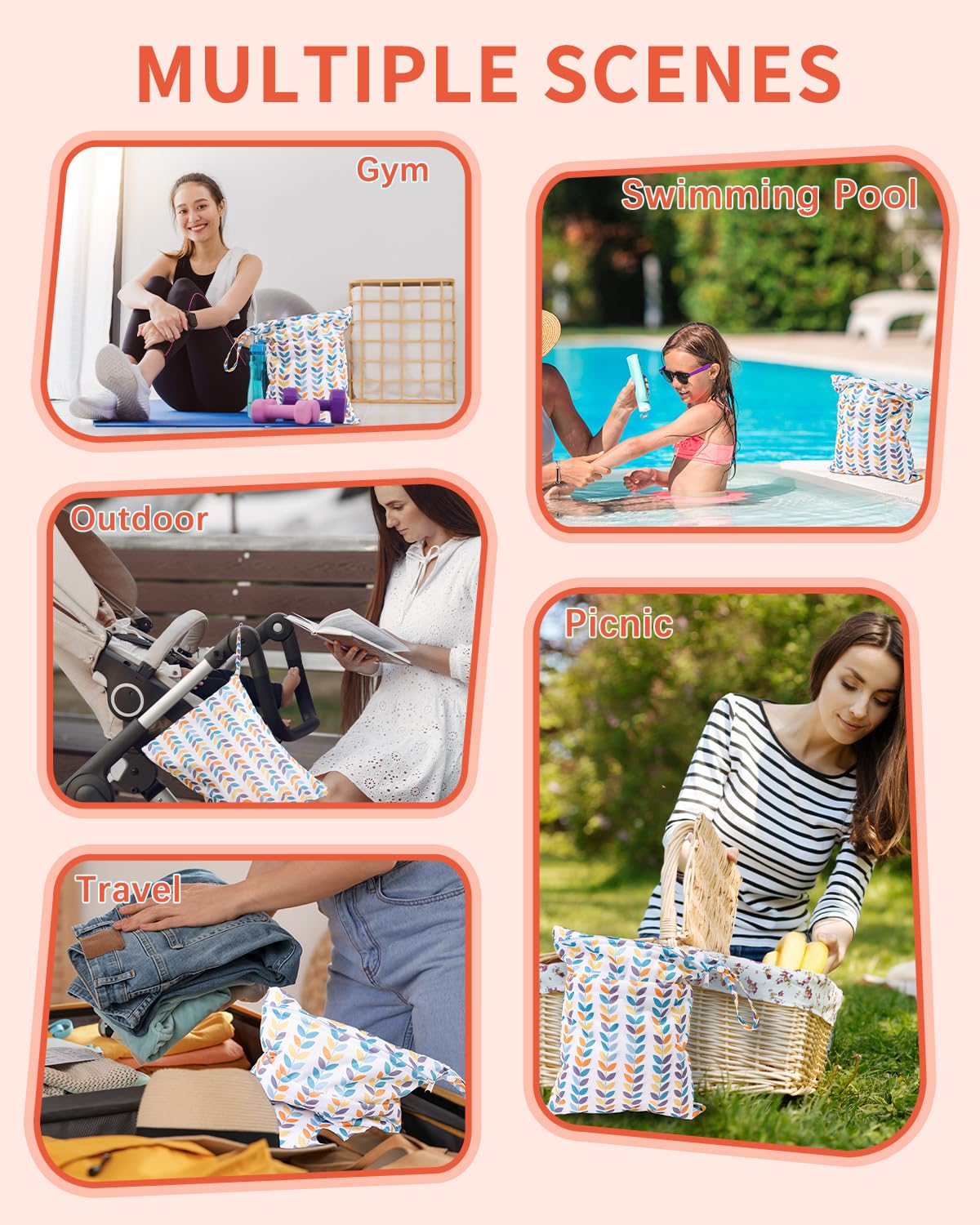 babygoal Wet Dry Bags for Baby Cloth Diapers, Washable Travel Bags, Beach, Pool, Gym Bag for Swimsuits & Wet Clothes with Two Zippered Pockets 3 Pack 3LN08