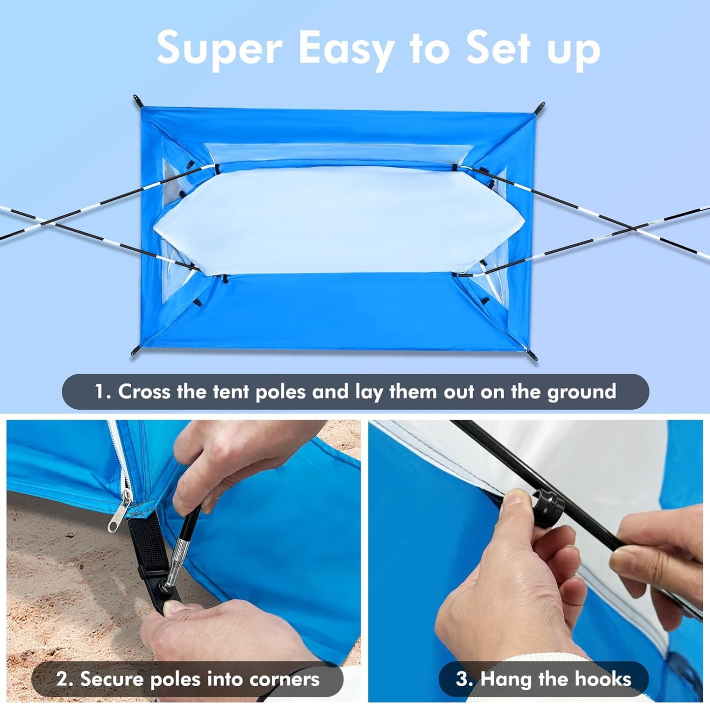 Beach Tent, Portable Sun Shelter for 2/3/4/6-8 Person with UPF 50+ UV Protection, Easy Setup Waterproof Beach Shade Canopy Cabana for Family Outdoor and Picnics, Fishing with Carrying Bag