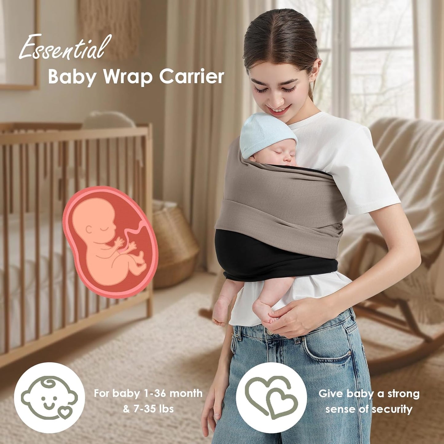 Baby Wrap Carrier, Lightweight Baby Wearing Wraps for Newborn and Infant, Soft Swaddle Holder Carrier, Cozy Baby Sling 7-35 lbs Black+Brown