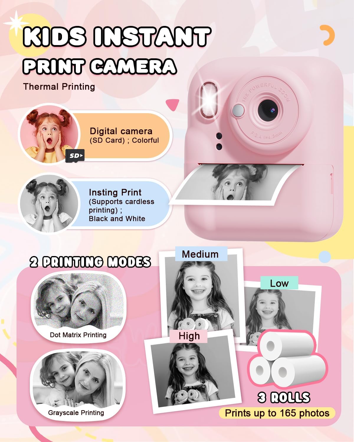 JOYJAM Kids Camera Instant Print, Upgrade Dual-Lens Selfie Digital Camera for Kids, HD 1080P, Christmas Birthday Gifts Toys for Girls Age 3-12, Toddler Portable Toy with SD Card 3 Rolls Print Paper