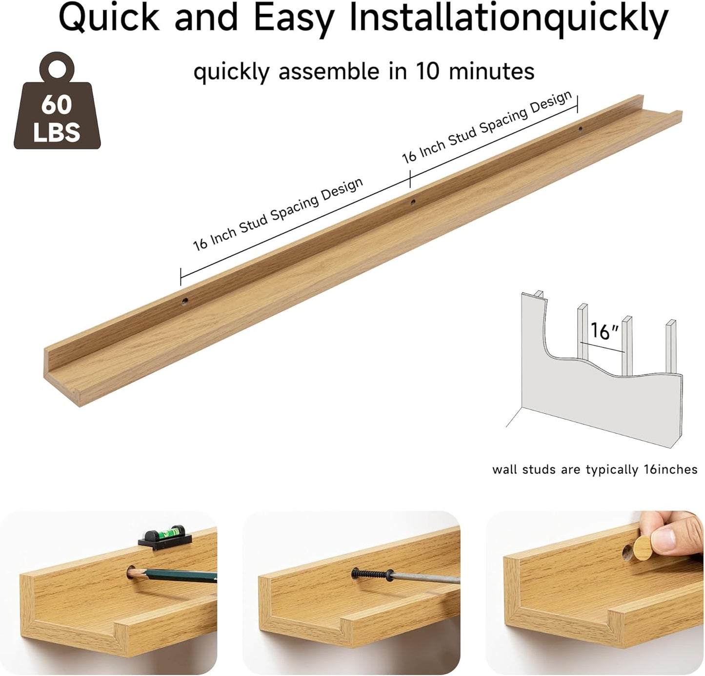 Fun Memories Picture Ledge Shelf, 48 Inch Floating Shelves Set of 2, Large Nursery Book Shelves for Toys Storage, Kids Bookshelf Wall Mounted for Wall Decor Books Photo Frames, Oak