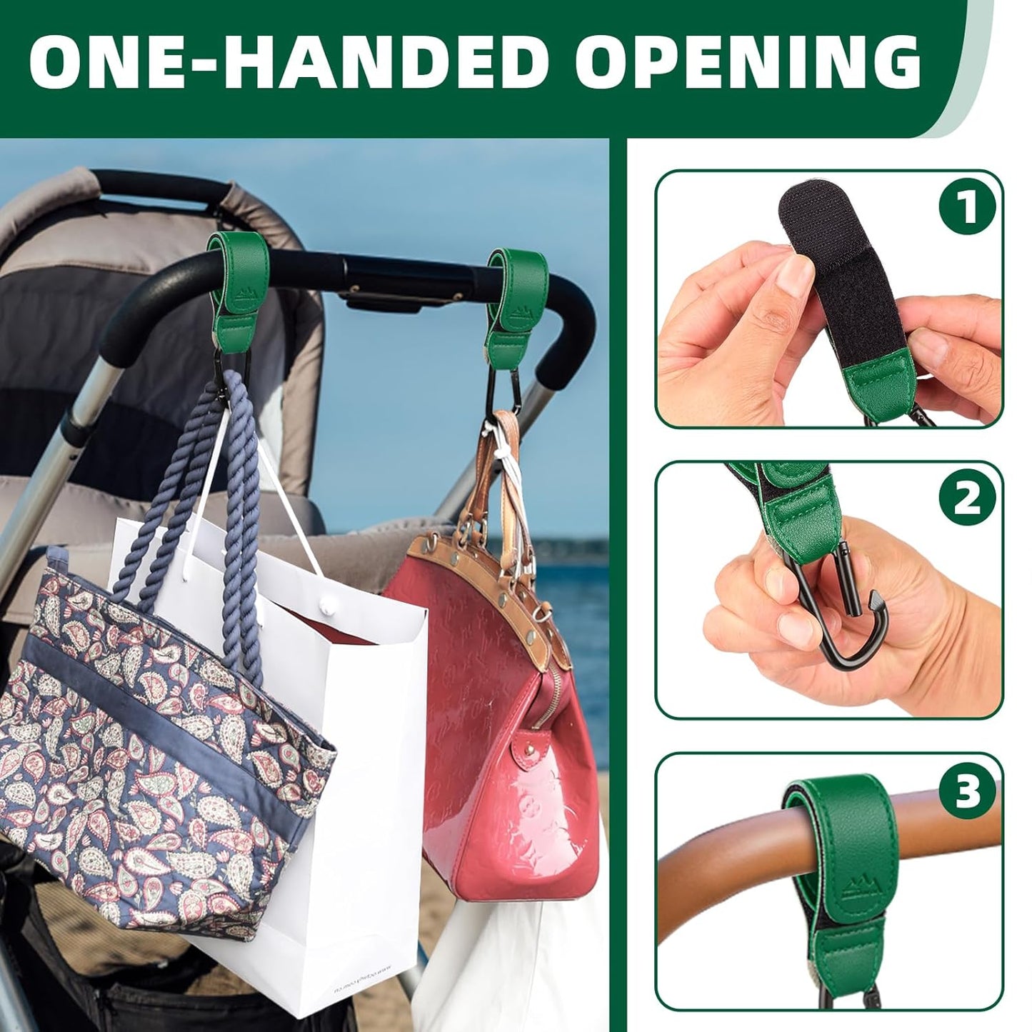Baby Stroller Hooks Bag Hooks for Hanging Diaper Bags Multipurpose Hooks for Grocery Shopping Bags Premium Vegan Leather Pram Straps 2 Pcs (Green)