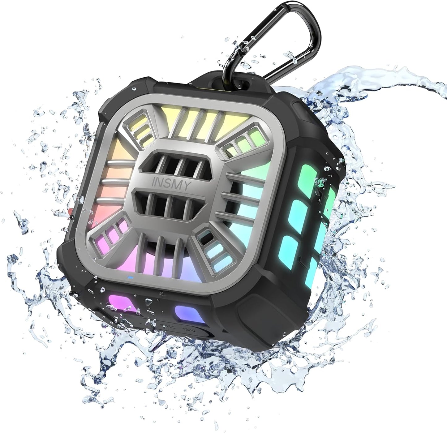 INSMY IP67 Waterproof Bluetooth Speaker, Shower Speaker Portable Small Clip-on, Multi Sync 100+ Speakers, Big Volume Booming Bass, 24H Playtime/Floatable/RGB Lights for Outdoor/Kayak/Beach (Black)