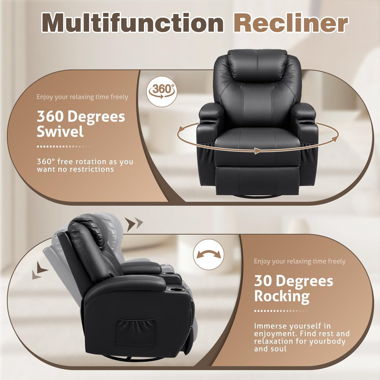 Recliner Chair, 360° Swivel Rocker Chair for Adults, Rocking Recliner Chair with Massage, Comfy Single Sofa with Side Pockets Cup Holders for Living Room, Bedroom, Nursery (Leather, Black)