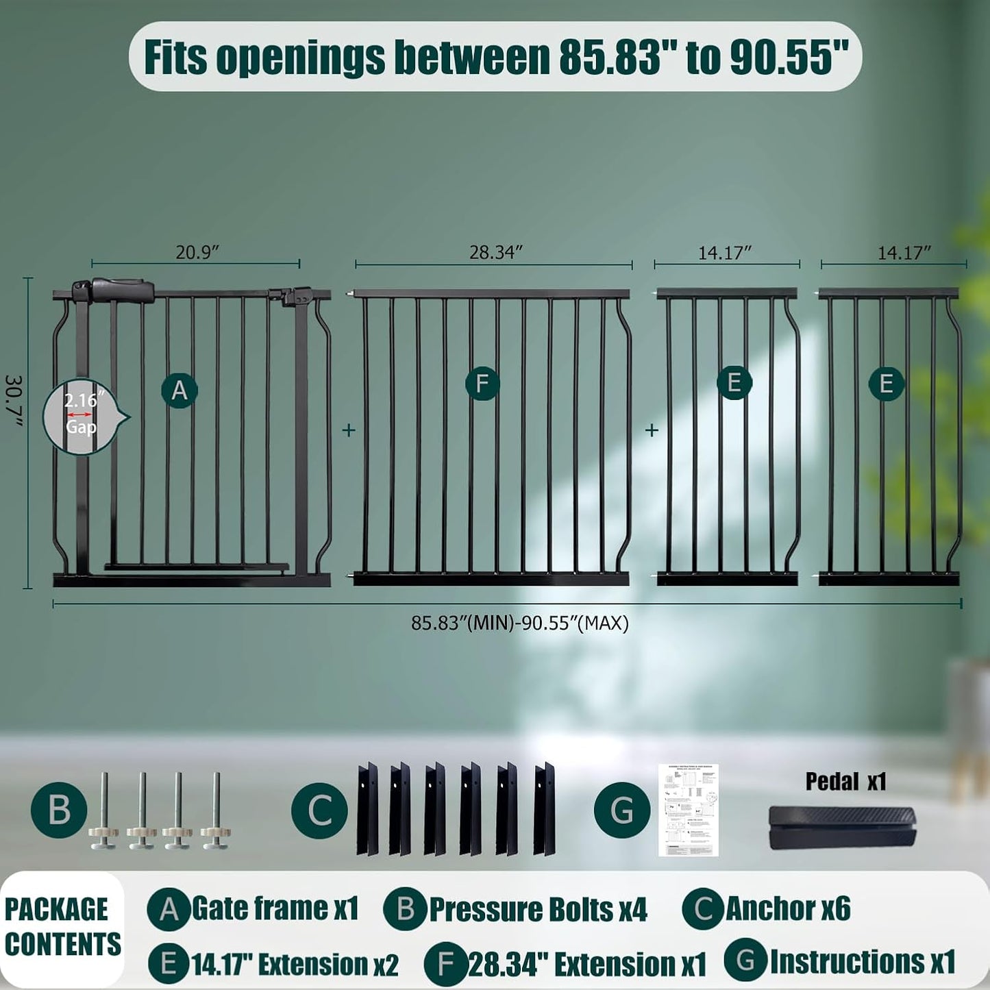 Heavy Duty Baby & Dog Safety Gate, Extra Wide 85.8-90.5 Inch,Black Metal, Pressure Mounted No Drilling Pet Gate for Large Openings