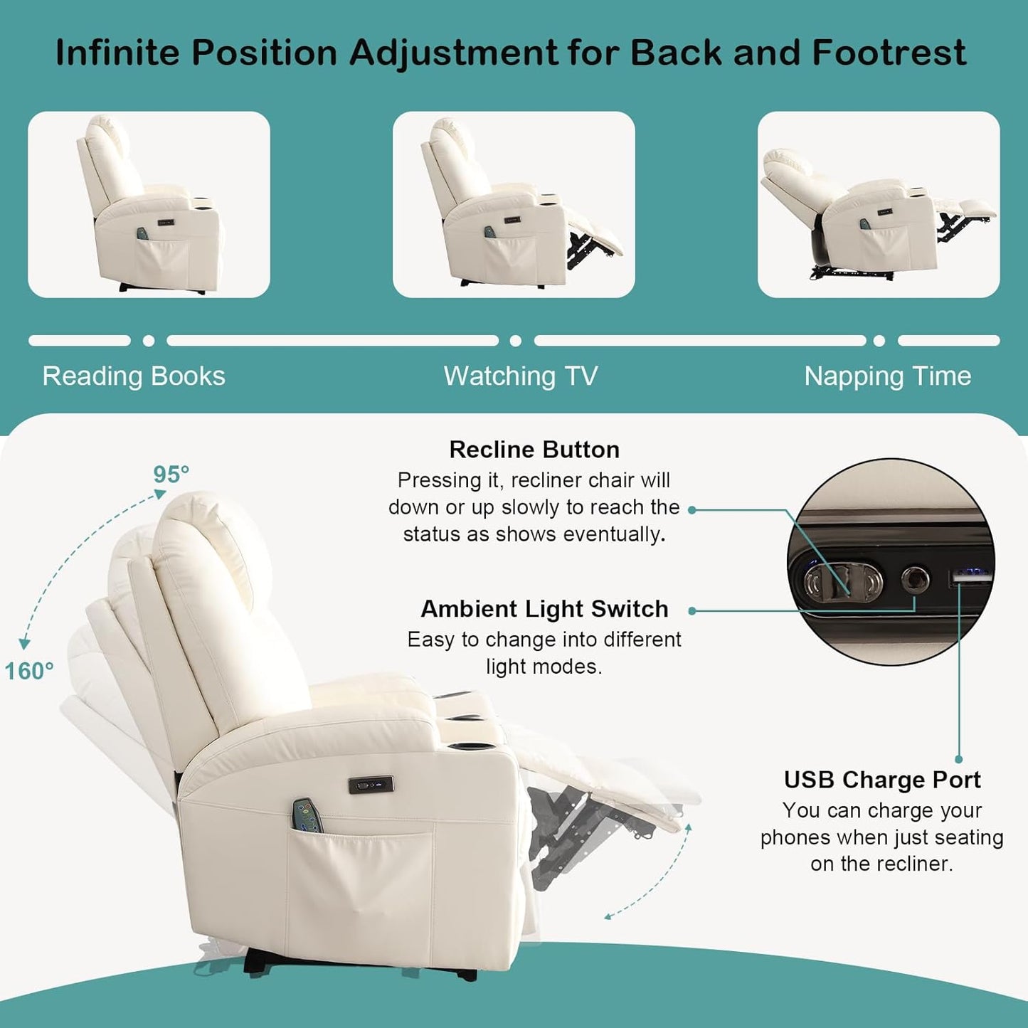 Power Recliner Chair with Heat and Massage for Adults - Home Theater Seating with LED Lights,Cup Holders,Side Pocket,USB Port - Recliner Sofa for Living Room (Beige, Single Recliner)