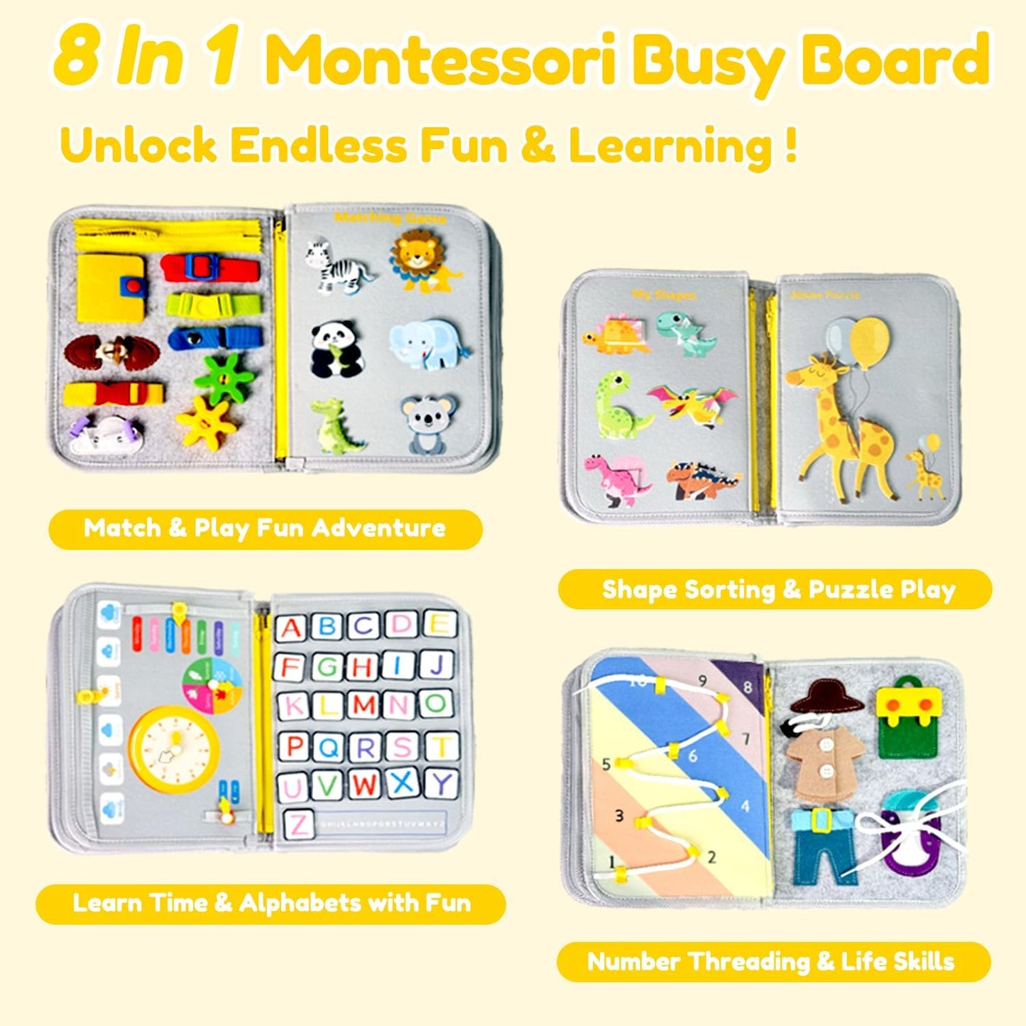 Qizfun Busy Board Book Montessori Toys for 1 2 3 4 Year Old, Boy Girl Birthday Gifts, Educational Sensory Learning Toys for Toddlers 1-3, Car Airplane Travel Activities Toys for Kids Ages 2-4 Year Old