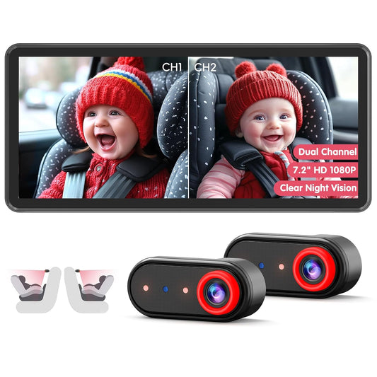 BM5PRO Double Car Camera for 2 Baby，7.2" 1080P Split Screen with IR Night Vision, Real-Time Monitoring Baby Car Camera,Easy Install, Family Travel Companion for Kids & Pets
