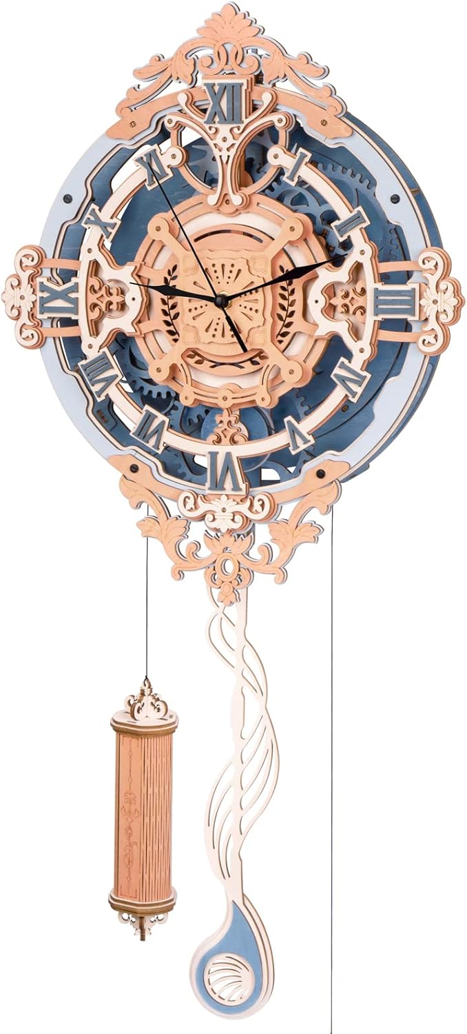 ROKR 3D Puzzles for Adults Vintage Wooden Pendulum Clock Kits 12", Mechanical Building Model Kits DIY Wall Clock Hobbies for Adults Home Decor Gifts for Teens