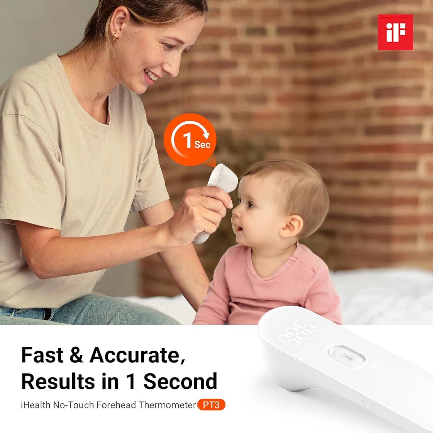 iHealth No-Touch Forehead Thermometer for Adults, Kids, Babies - 1s Fast Accurate, 3 Ultra-Sensitive Sensors, Quiet Vibration Feedback, Digital Large LED Digits, Easy to Use for Home & Nurses, PT3