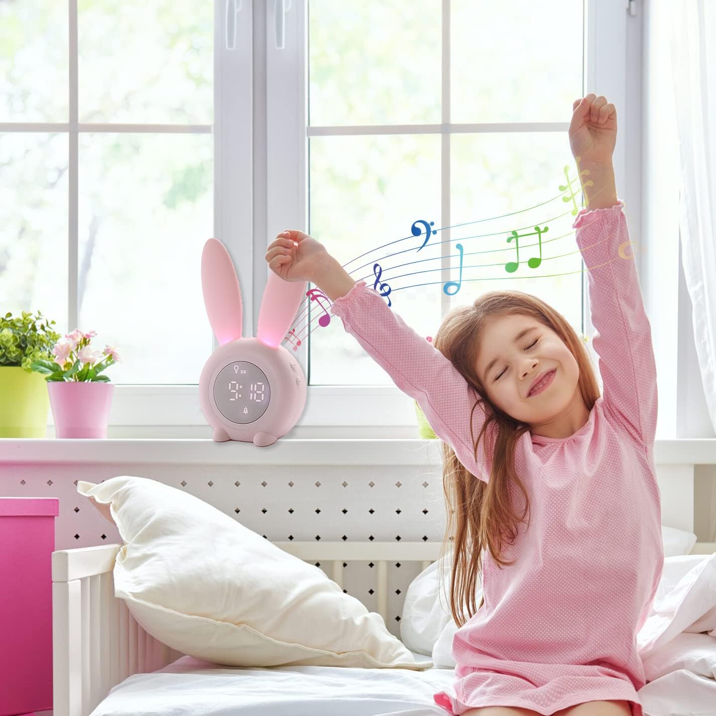 KDtech Kids Alarm Clock with Night Light 6 Ringtones, Cute Pink Bunny Digital Alarm Clock for Kids, Touch Control and Rechargeable Sleep Trainer Clock for Boys Girls Bedroom