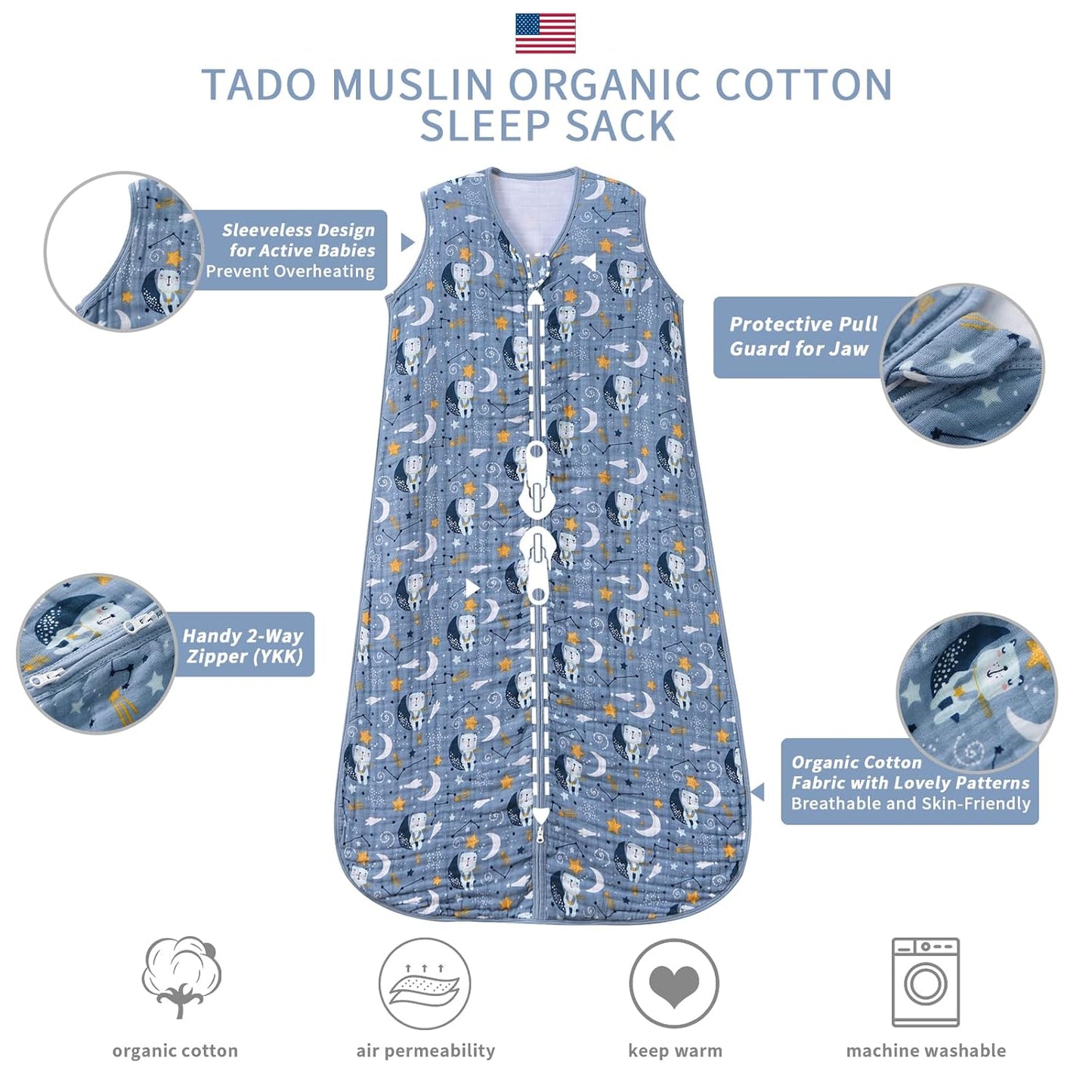 Baby Sleep Sack 6-12 Months Wearable Blanket for Babies 100% Organic Cotton 2-Way Zipper YKK 0.5 TOG Toddler Sleeping Sacks Bears