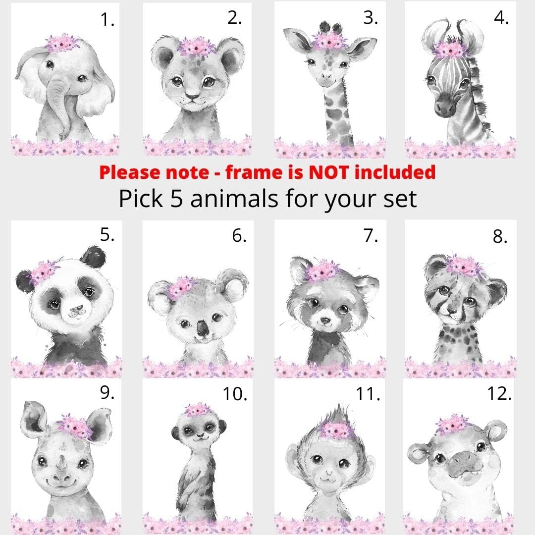Personalized Safari Animals for Baby Girls Nursery Bedroom Unframed Set of 6 Poster Prints, Personalized Name Pink Purple Flowers Wall Art Decor New Baby Gift Present, Elephant Giraffe Panda Zebra Lion (8x10)