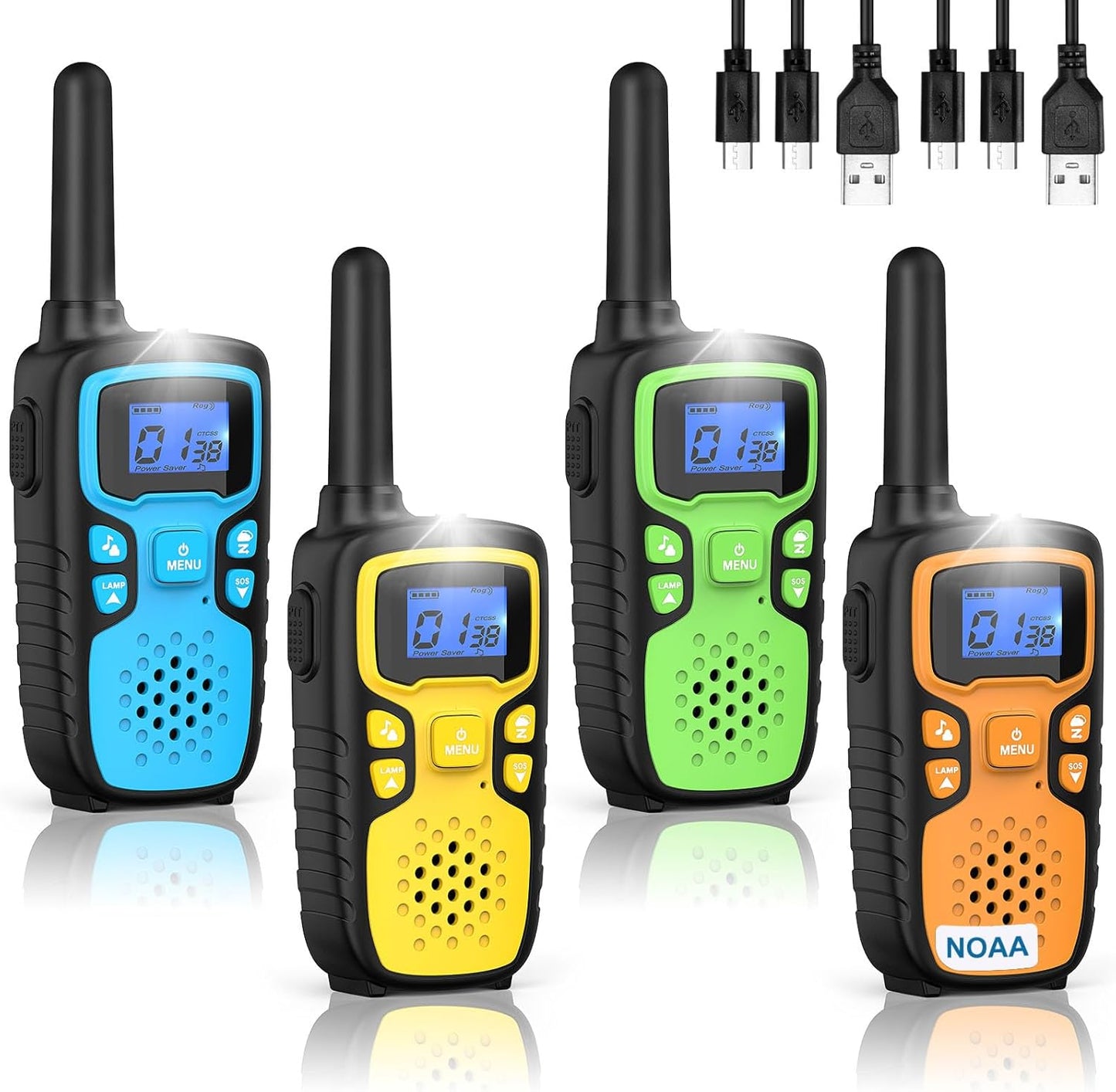 Wishouse Walkie Talkies for Kids Rechargeable Long Range,Xmas Birthday Gift for 4 5 6 7 8 9 Year Old Boys Girls,Hiking Gear Camping Games Cool Toys with NOAA,SOS Siren,Lamp,Lanyards,Easy to Use,4 Pack