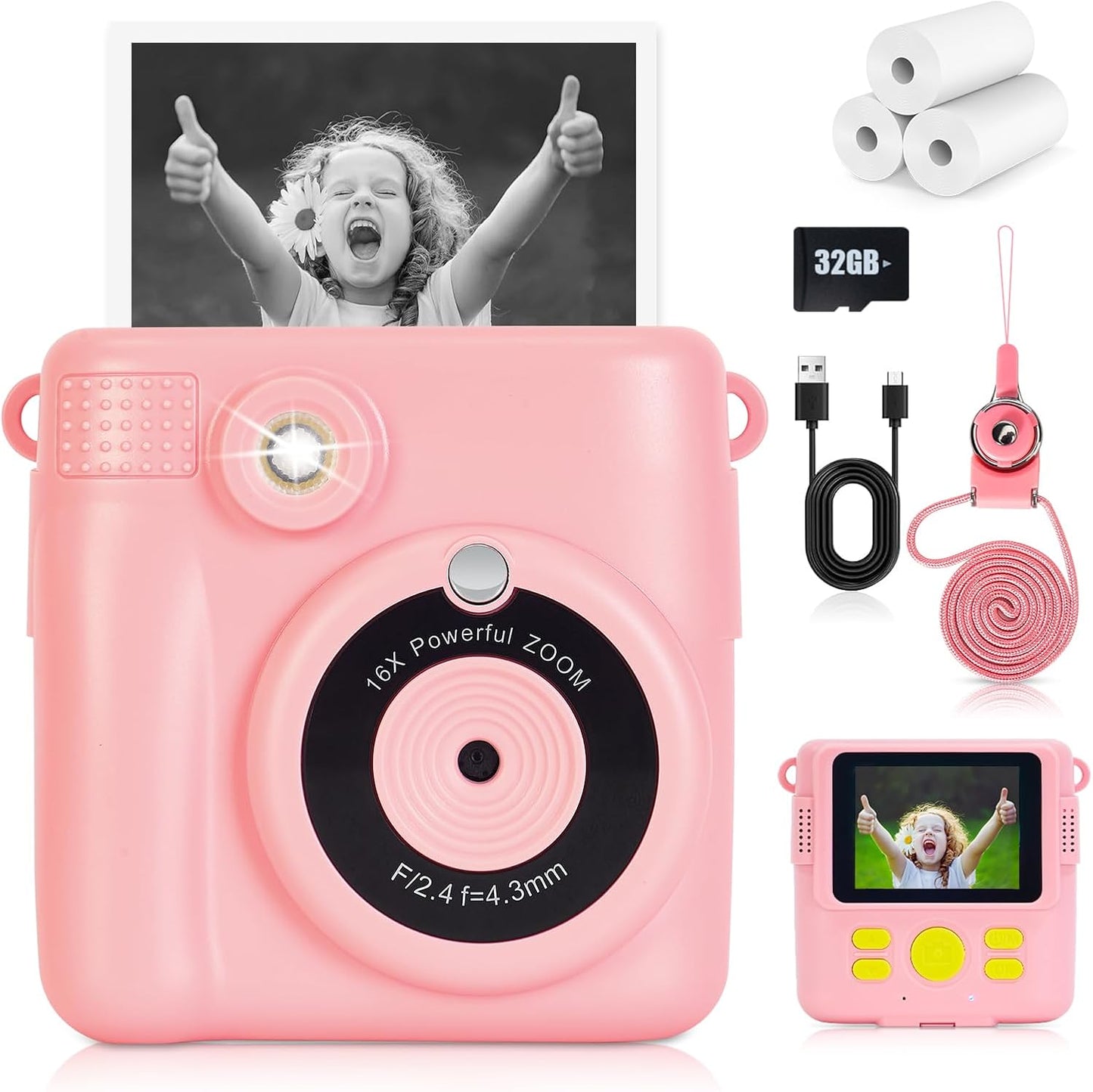 Instant Print Camera for Kids - 2.4 Inch Kids Camera Instant Print with Paper & 32G Card- Digital Children Toys as Christams Birthday Gifts for Girls Boys Age 3-12 - Pink