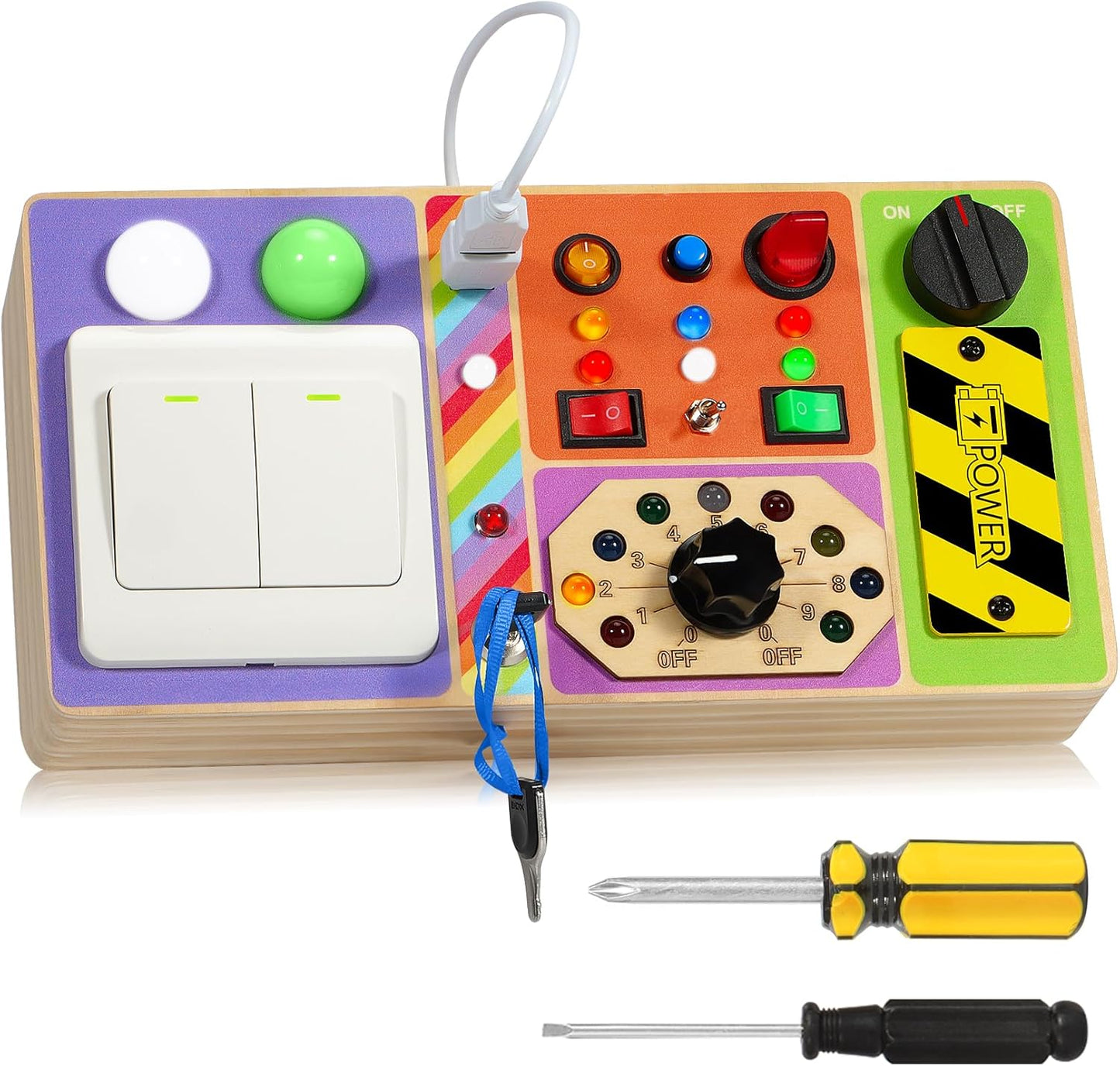 Busy Board Montessori Toys Wooden Sensory Board with 19 LED Light, Switch, Button Travel Activity Educational Learning Toddler Toys for 1-3 Year Old Boy and Girl