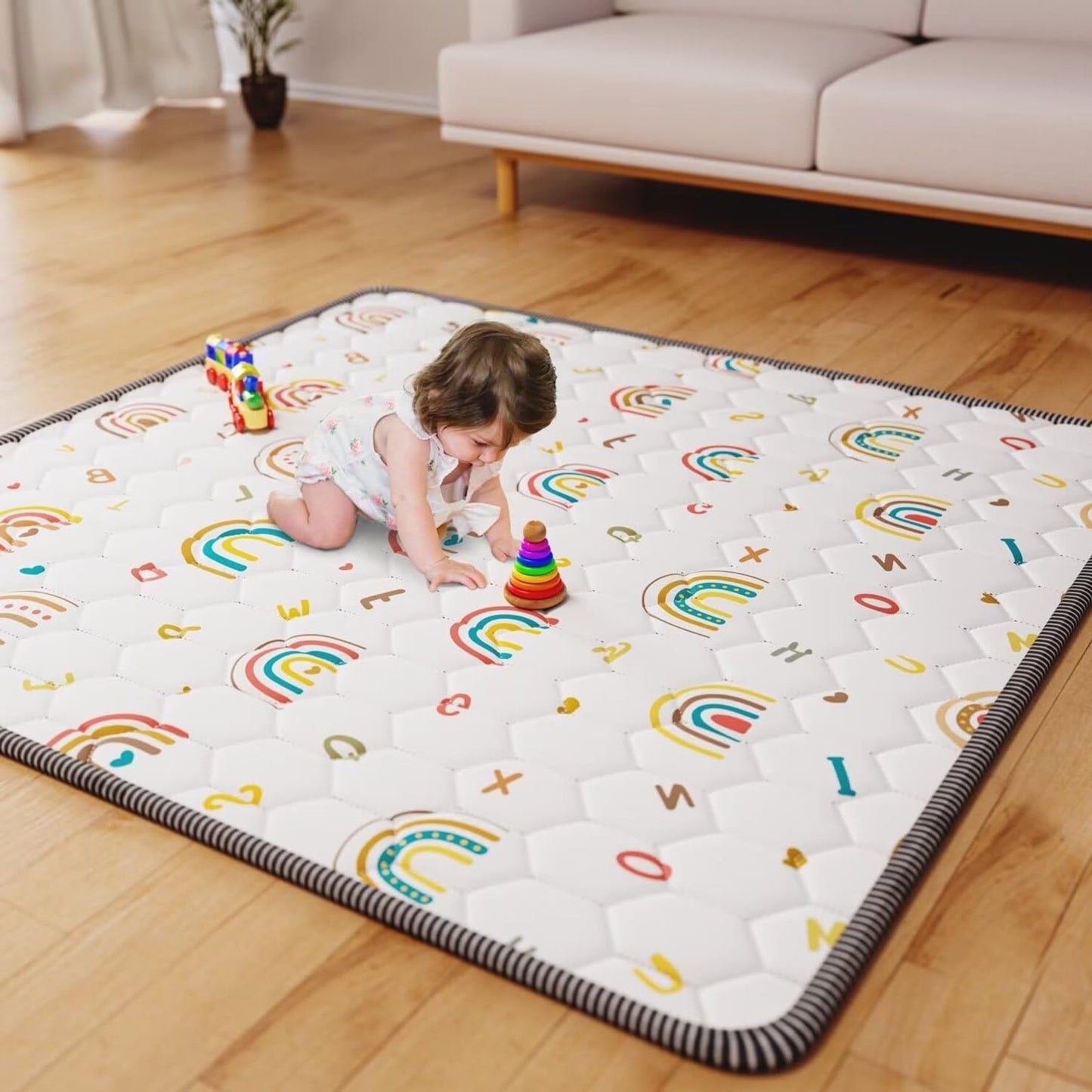Boho Rainbow Baby Play Mat 50x50 Playpen Mat Thicken Soft Baby Crawling Mat Non-Slip Cushioned Baby Floor Mat with Letters, Activity Playmats for Babies Toddlers Play & Tummy Time (50X50,White)