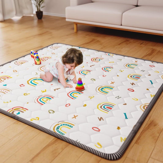 Boho Rainbow Baby Play Mat 50x50 Playpen Mat Thicken Soft Baby Crawling Mat Non-Slip Cushioned Baby Floor Mat with Letters, Activity Playmats for Babies Toddlers Play & Tummy Time (50X50,White)