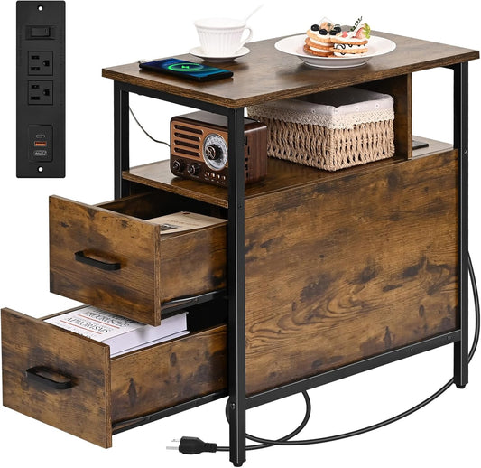 Side Tables with Charging Station, Narrow End Table with 2 Wooden Drawers, USB Ports and Power Outlets, Narrow Nightstand and Bedside Table, Side Tables Living Room, Bedroom, Brown