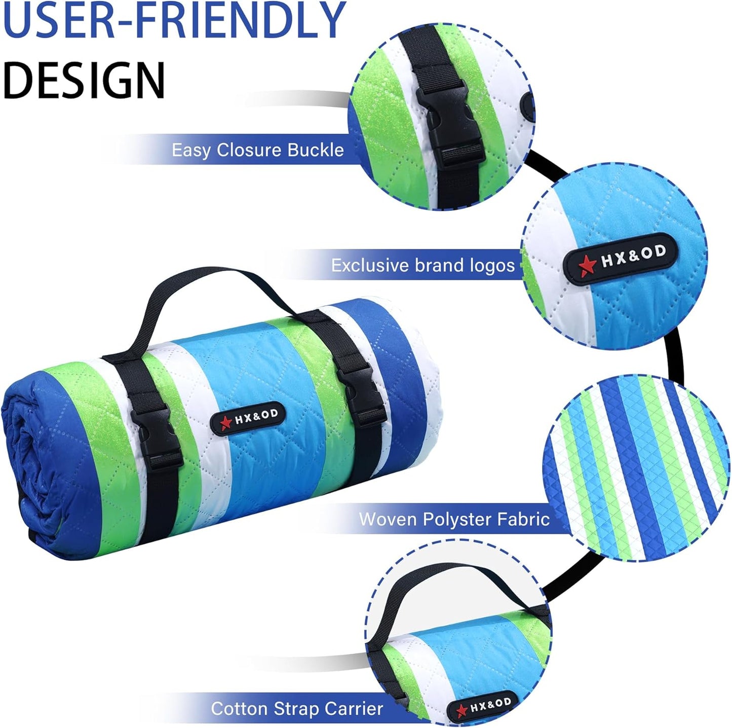 HX&OD Outdoor Picnic Blanket Extra Large, 80''*60'' Waterproof Picnic Mat with Stakes Foldable Camping Blanket Portable with Carry Strap for Beach Mat (Green& White, 80''*60'')