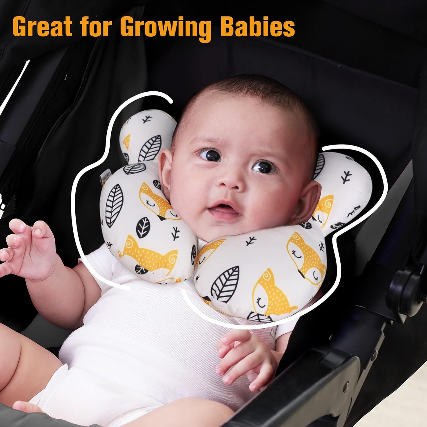 KAKIBLIN Baby Neck Pillow, Upgraded Baby Support Pillow for Head and Neck, Babies Head Pillow for Car Seat,Pushchair,Travel(Yellow Fox)