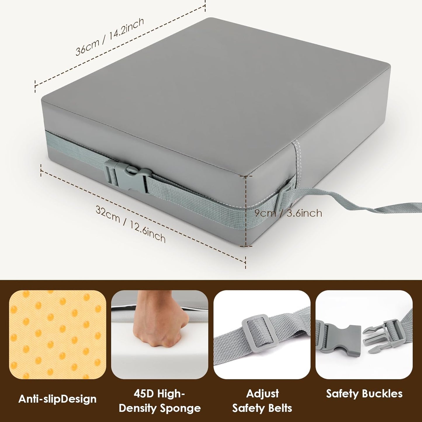 Booster Seat for Kitchen Chair with Comfy Backrest Pillow and Adjustable Safety Buckles,Non-Slip Kid Toddler Booster Seat for Dining Table, PU Travel Baby Booster Cushion Chair