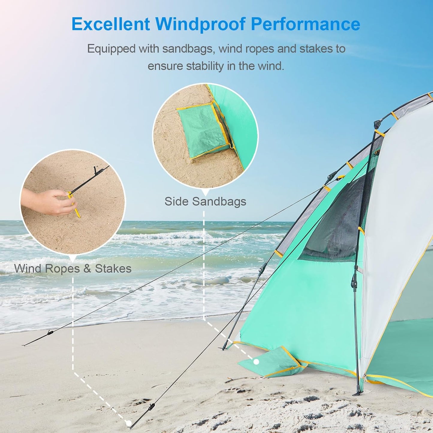 WolfWise Pop Up XL Beach Tent 99" Wide for 4-6 Person UPF 50+ Portable Instant Sun Shelter Canopy Umbrella with Extended Zippered Porch