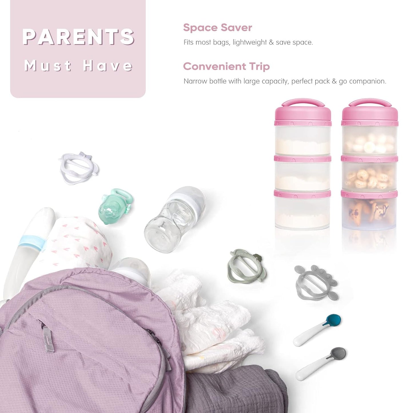 Termichy Stackable Formula Dispenser Portable Milk Powder Container, 2 Pack, Baby Pink