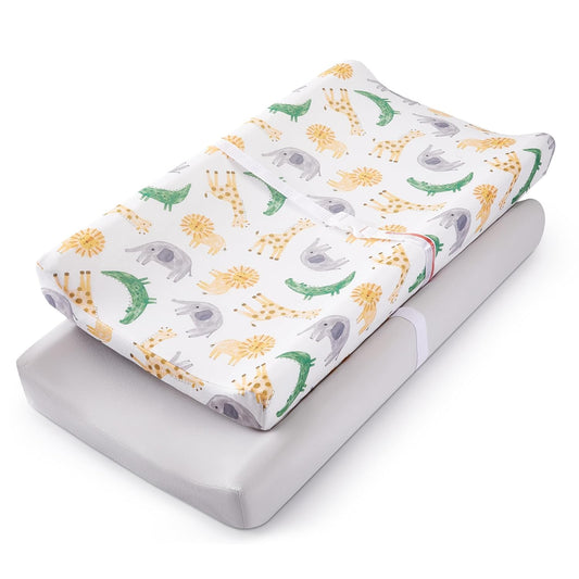 TILLYOU Baby Changing Pad Cover, Changing Table Cover for Girls Boys, Ultra Soft Breathable, 2 Pack African Steppe & Grey