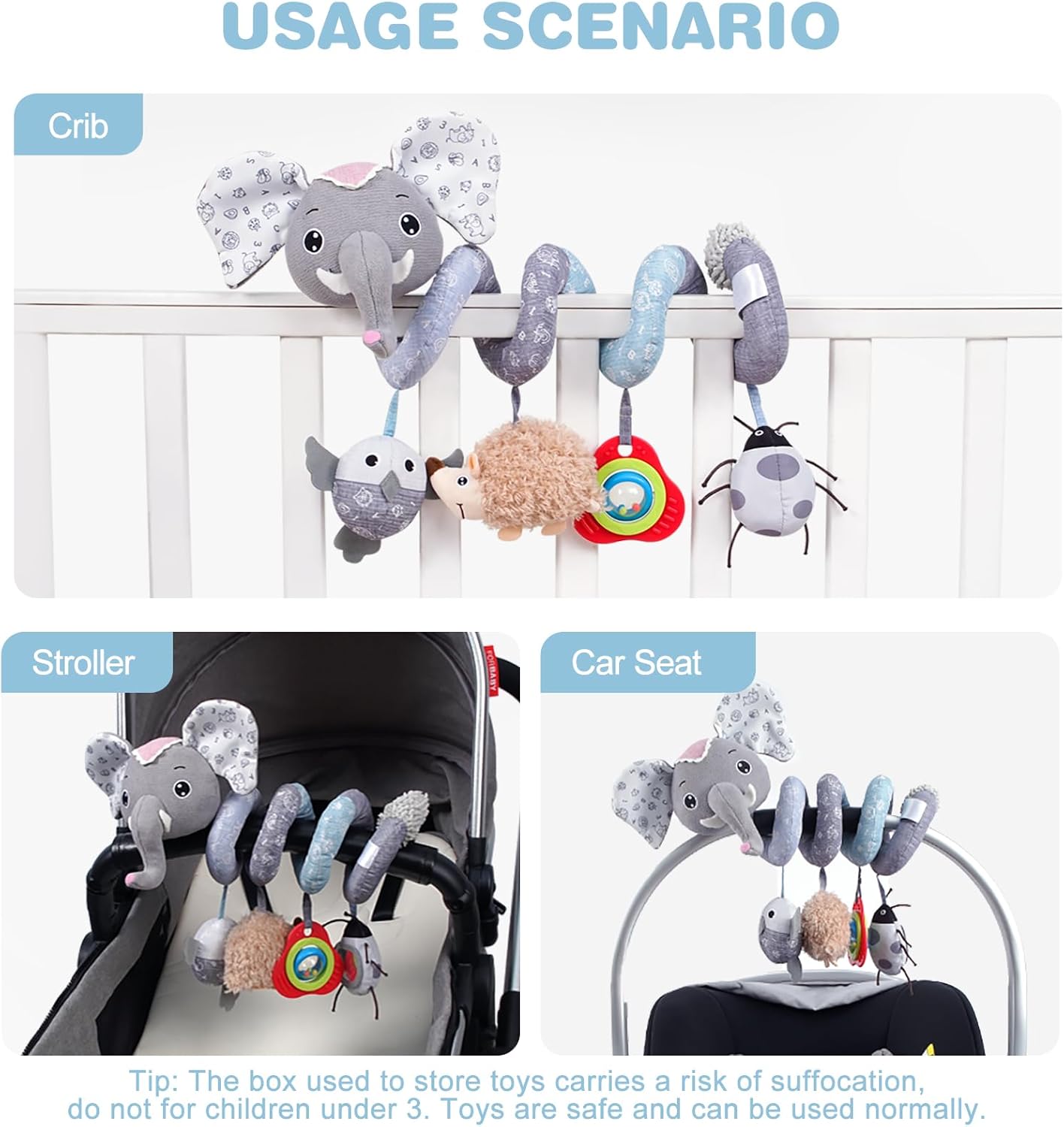 Jollybaby Baby Car Seat Stroller Toys, Plush Activity Hanging Spiral Activity Pram Crib with Music Box, Rattles, Squeaker for Babies Infant Boys Girls (SZ Gray Elephant)