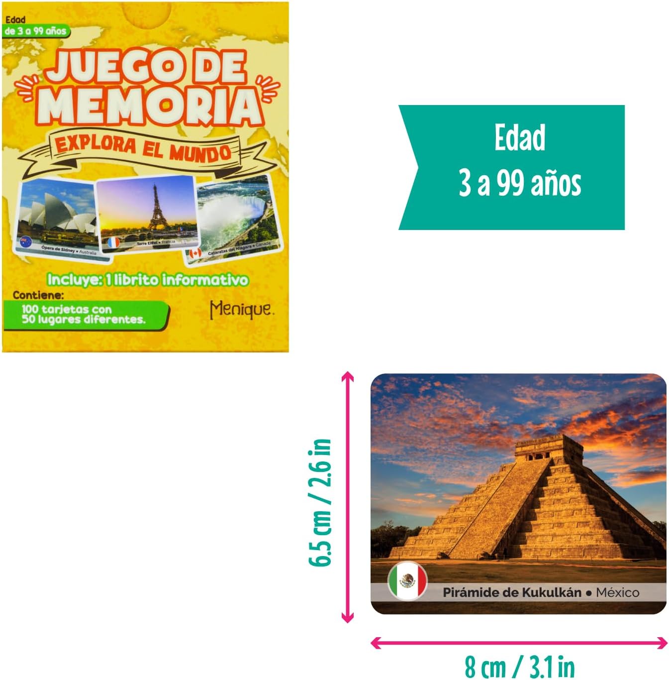 Menique Explore The World Memory Matching Game – Spanish Edition – 100 Cards (50 Pairs) with Iconic Landmarks, Country & Flag – Educational Geography Game in Spanish.