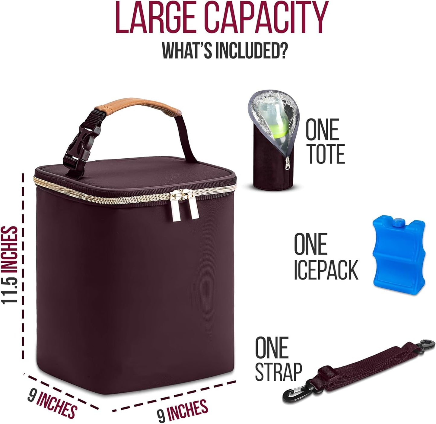 BreastMilk Cooler with Ice Packs and Tote Bags for Nursing, Large Capacity, Waterproof, Fits 9 Baby Bottles Up to 11 oz, Dark Brown
