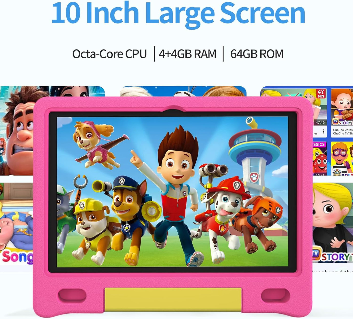JREN Kids Table 10.1" ｜Android 14 Tablet for Kids｜64GB Storage｜Octa-Core｜WiFi ｜Cameras｜Parental Control｜Kids Content｜Case Included Great Gift for Children Ages 3-12 Years Old Pink