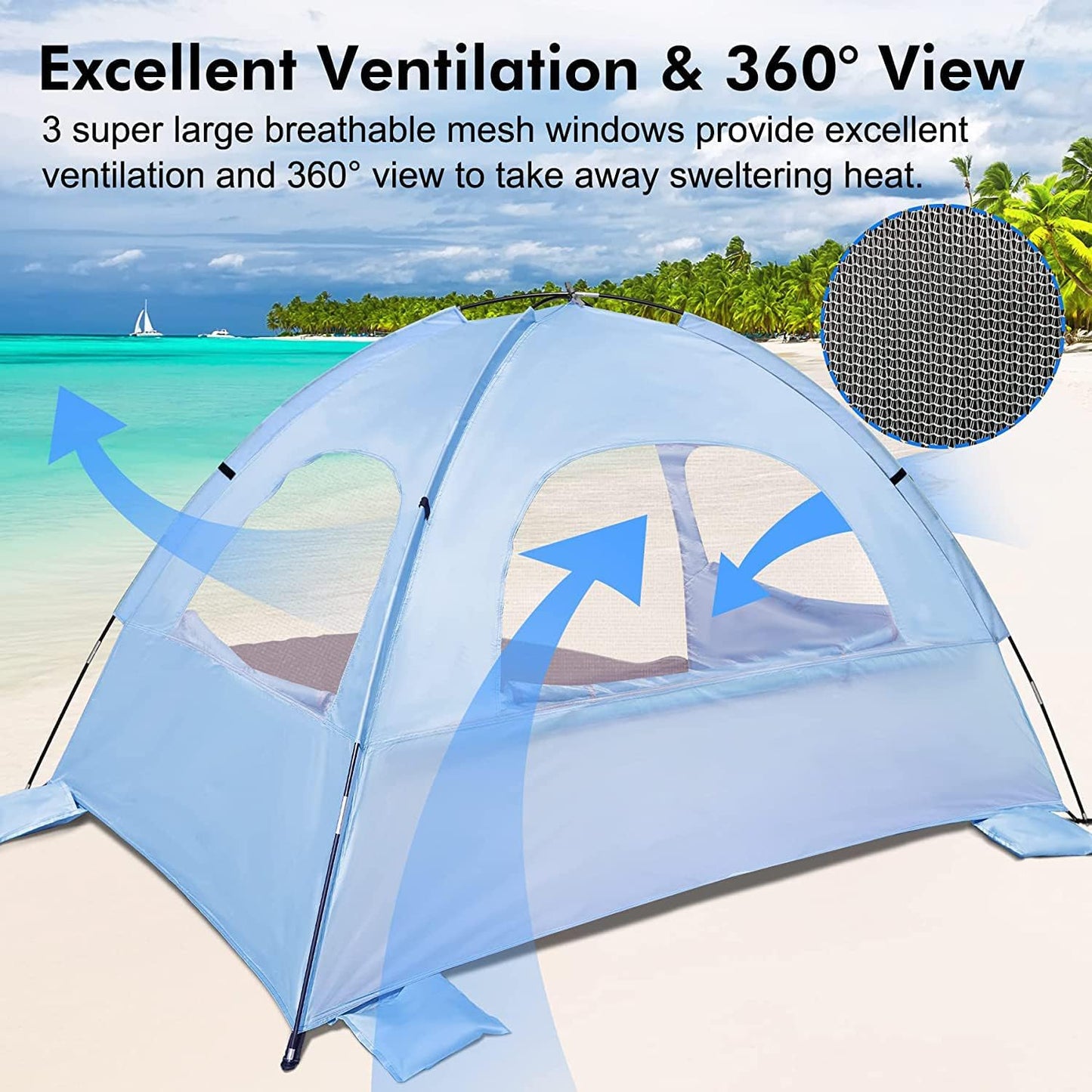 WhiteFang Beach Tent Anti-UV Portable Sun Shade Shelter for 3/4/6/8 Person, Extendable Floor with 3 Ventilating Mesh Windows Plus Carrying Bag, Stakes and Guy Lines