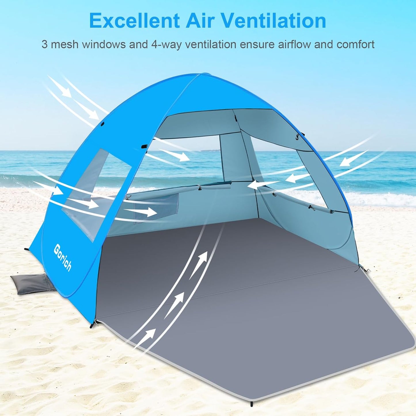 Gorich Easy Pop Up Beach Tent for 3-4 Person, UPF 50+ UV Protection Beach Umbrella Sun Shelter, Portable Lightweight Shade with Easy Foldable & Instant Setup