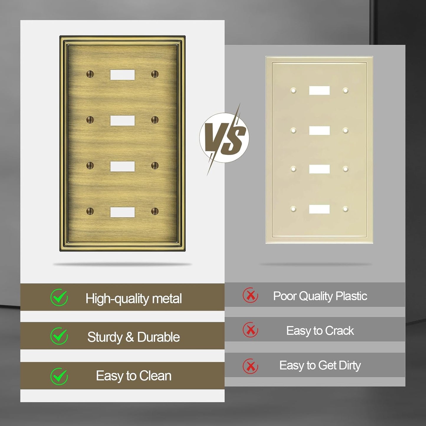 2 Pack Quad Toggle Light Switch Covers Plate, Antique Brass Metal Material Switch Plate Covers, 4 Gang Wall Plate for Light Switch - Classic Style