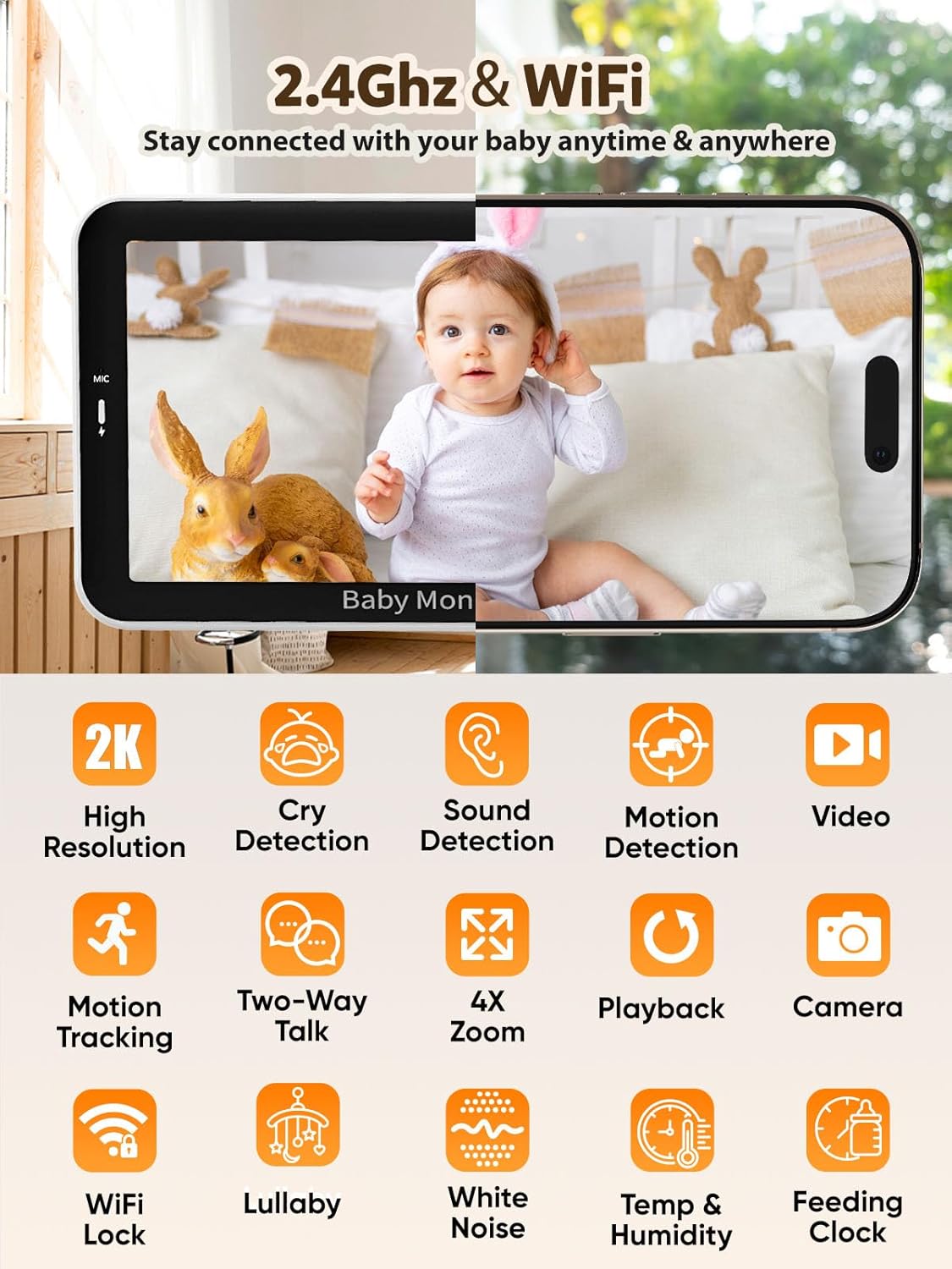iFamily WiFi Baby Monitor with App – Smartphone Baby Monitor with 5" HD Monitor & 2K Camera, Night Vision, 2-Way Talk, Motion Tracking&Alerts, Temp Sensor, Lullabies,Secure WiFi Lock