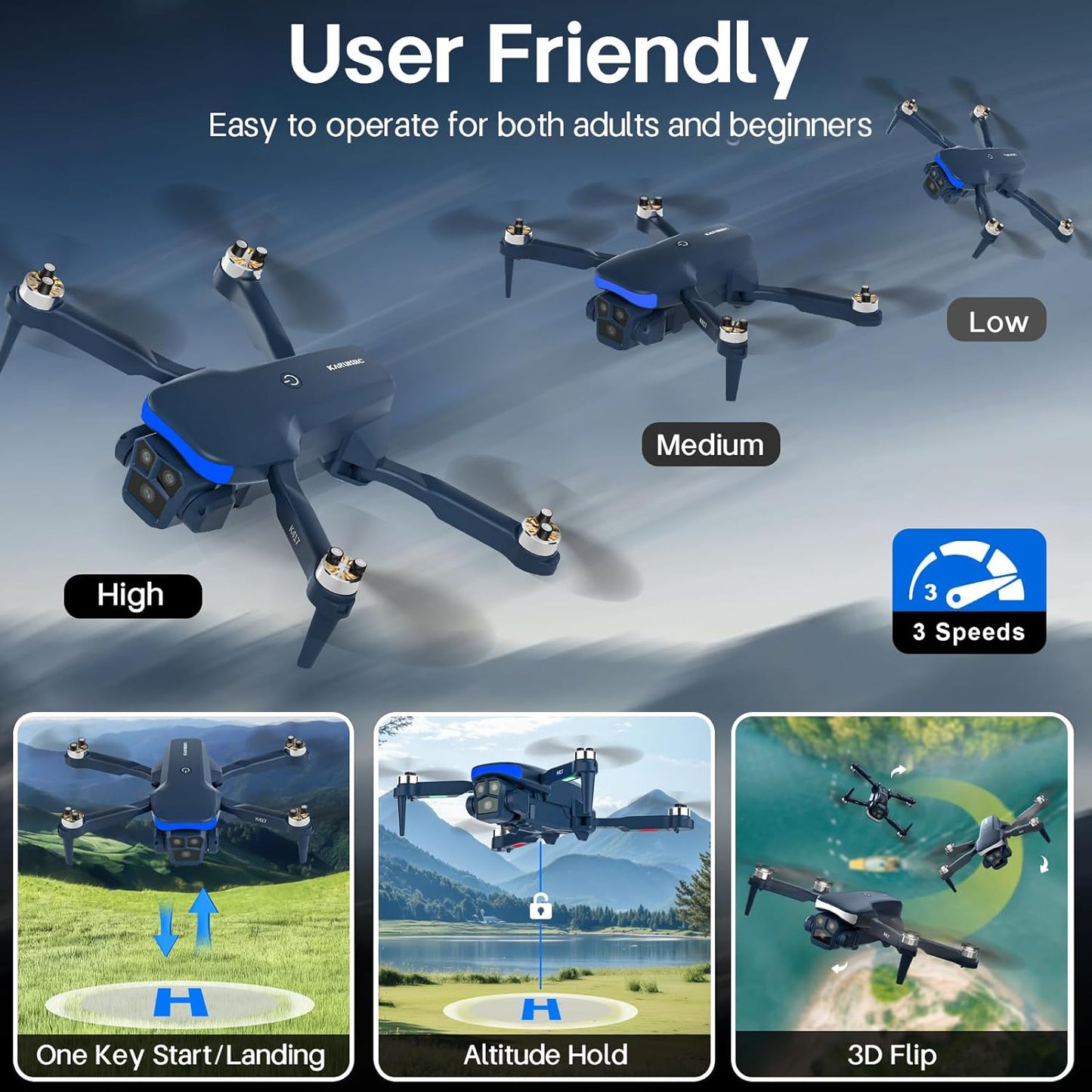 Mini Drone Professional with Blue LED Electric Adjustable Camera,brushless Drones FPV Adults Long Range Gravity Control Gesture Selfie,Drone Wind Resistant Headless Mode Tap Fly Foldable,3 Speeds